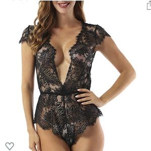Plunging V neck lace bodysuit mini babydoll